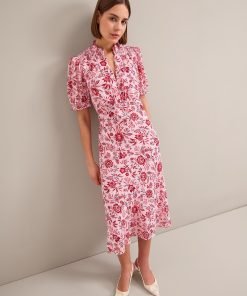 Irina Cotton Blend Midi Dress - Pink Palm Floral Print