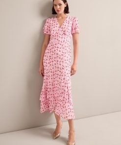 Lotta Gold Metallic Fil Coupé Maxi Dress - Pink Floral Trellis Print