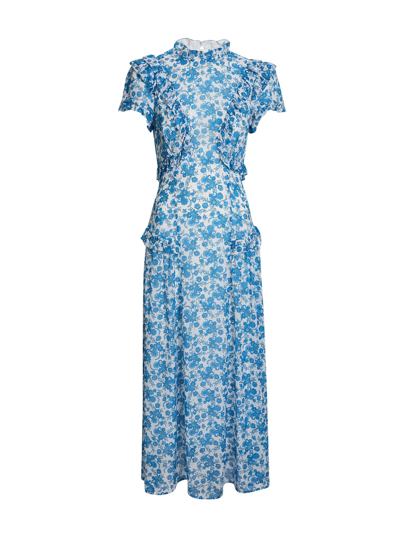 Mirabel Gold Metallic Fil Coupé Maxi Dress - White Blue Paisley Print - Image 11