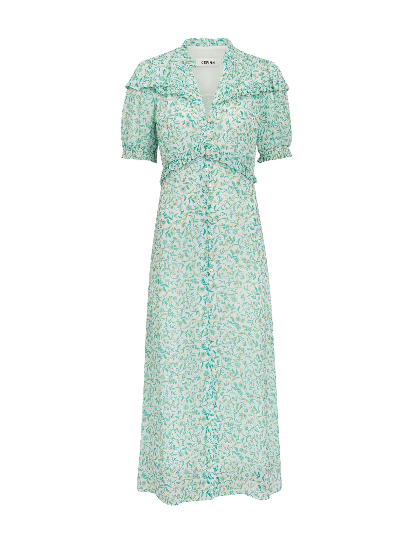 Viola Gold Metallic Fil Coupé Midi Dress - Green Yellow Trailing Feather Print - Image 13