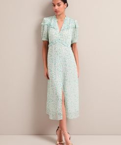 Viola Gold Metallic Fil Coupé Midi Dress - Green Yellow Trailing Feather Print