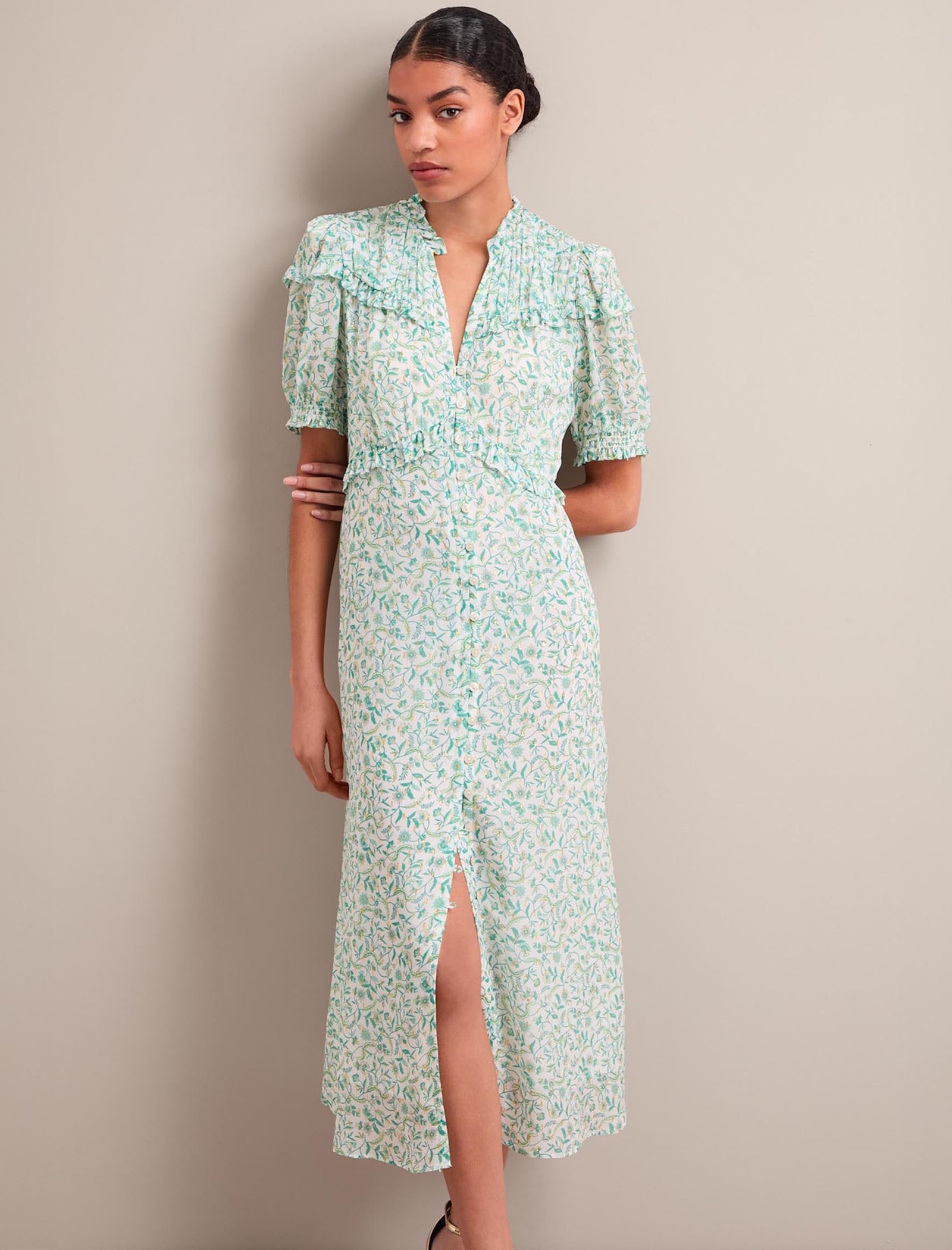 Viola Gold Metallic Fil Coupé Midi Dress - Green Yellow Trailing Feather Print - Image 10