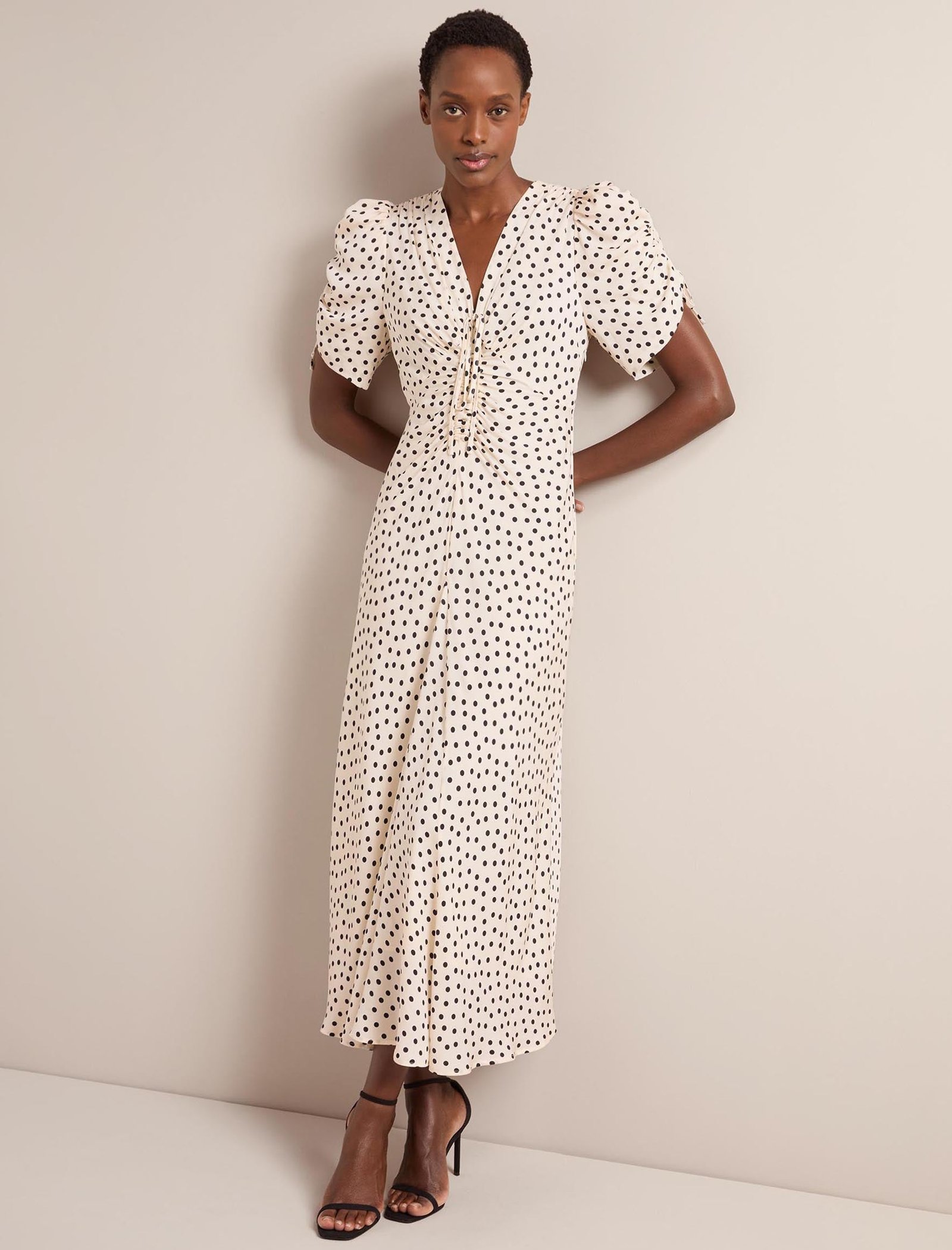 Ophelia Bias Cut Maxi Dress - Ecru Black Polka Dot Print - Image 8