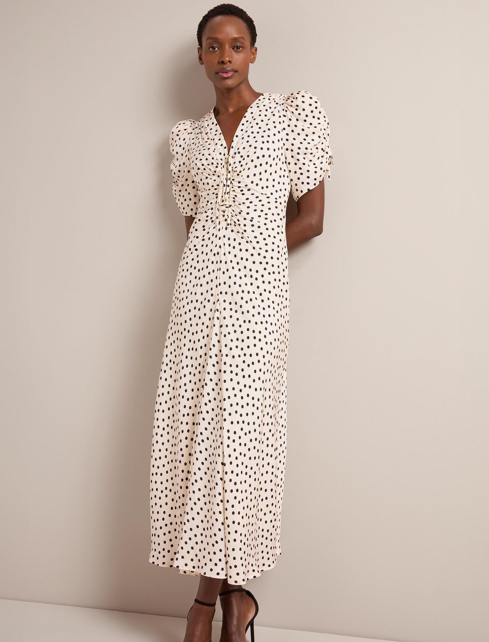 Ophelia Bias Cut Maxi Dress - Ecru Black Polka Dot Print - Image 4