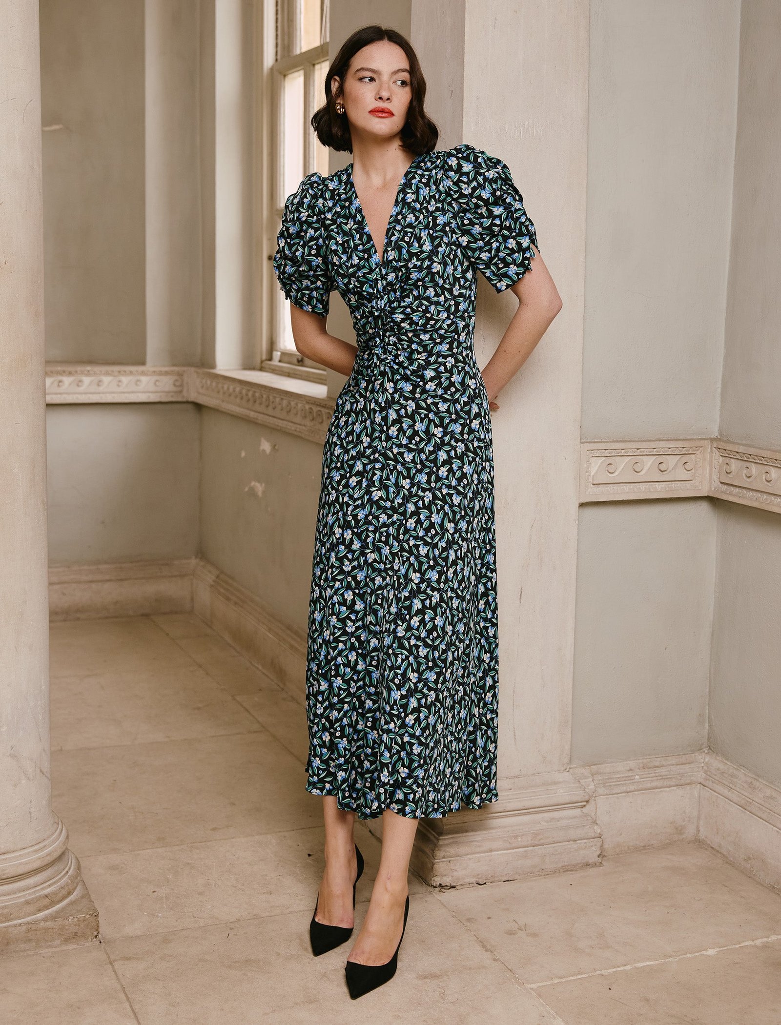 Ophelia Bias Cut Maxi Dress - Black Blue Deco Floral Print